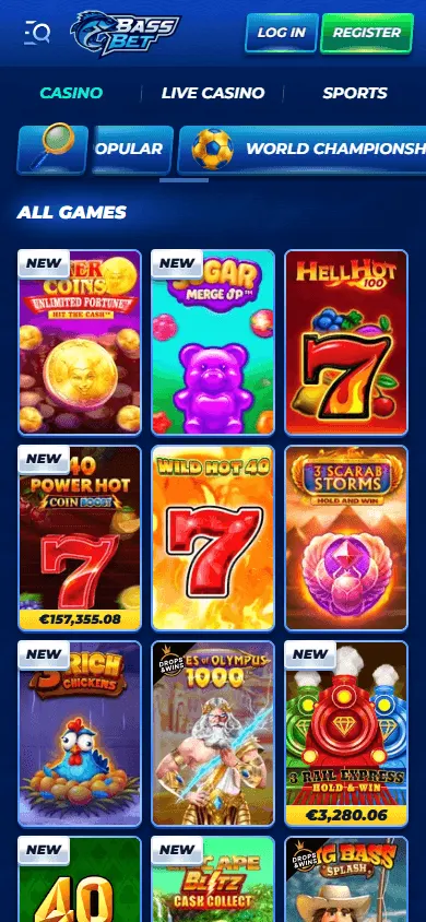 Bassbet Casino game selection on a mobile device