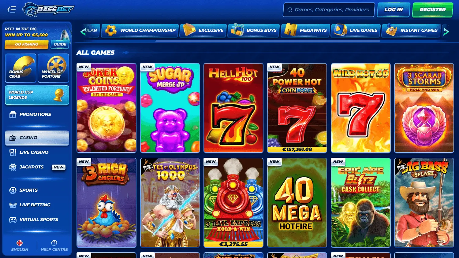 Bassbet Casino game selection on desktop