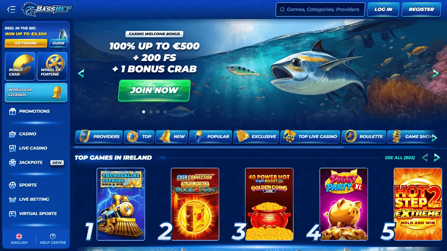 Bassbet Casino home experience on desktop